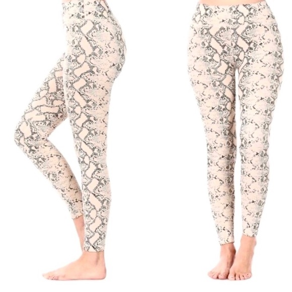 Snakeskin Print Fleece Lined Black Tan Zenana Leggings L/XL - Picture 3 of 9